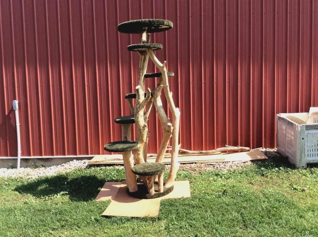 Seven-level green carpeted cat tree