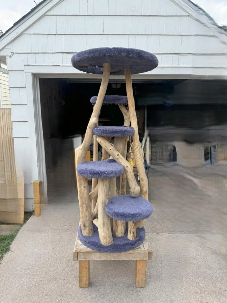 Purple carpeted custom cat tree